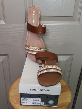 NEW in Box Sun + Stone Brown Double-Strap Beaded Slide Sandals Size 10.5